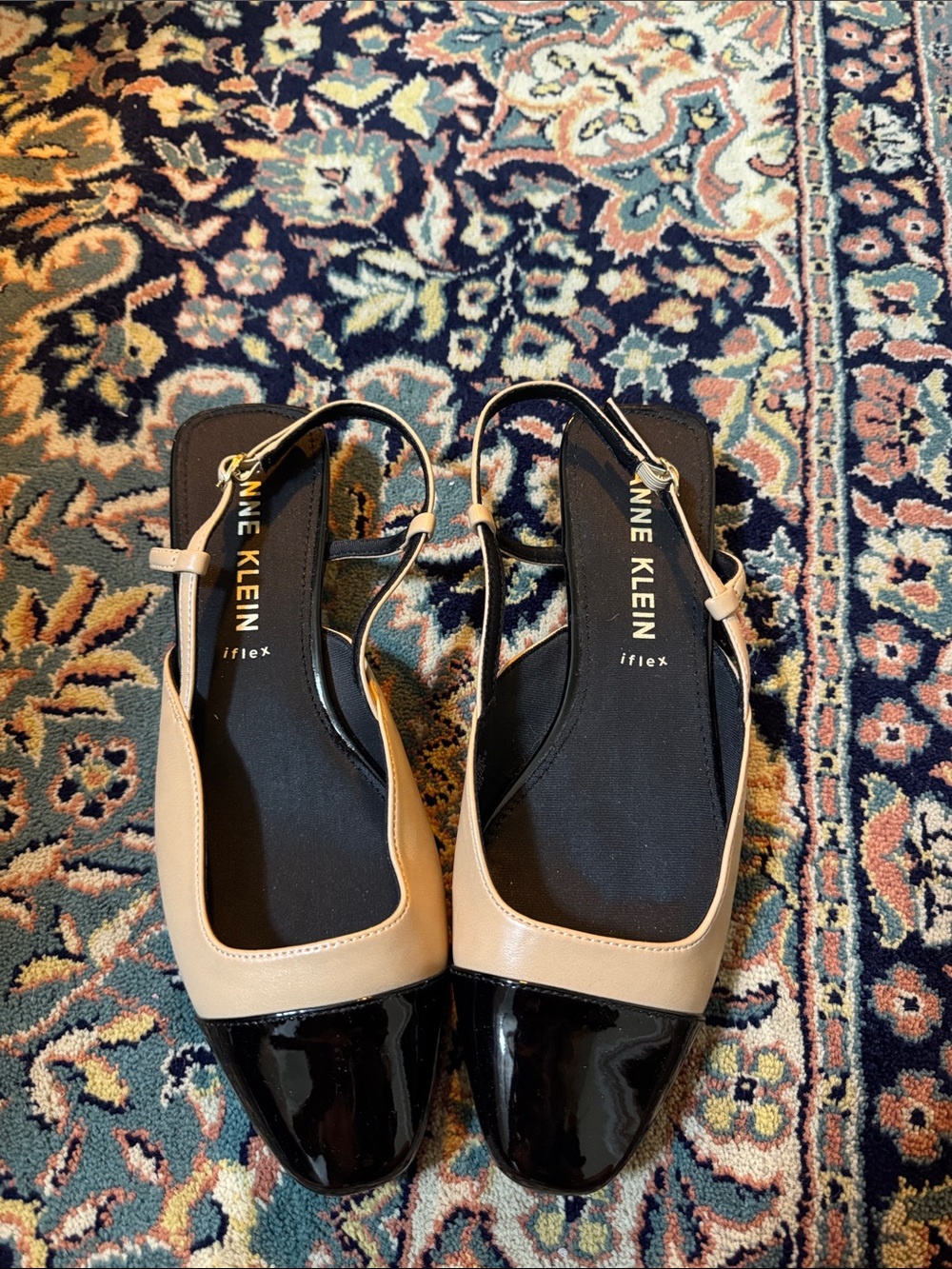 Anne Klein Black and Beige Two-Tone Slingback Flats